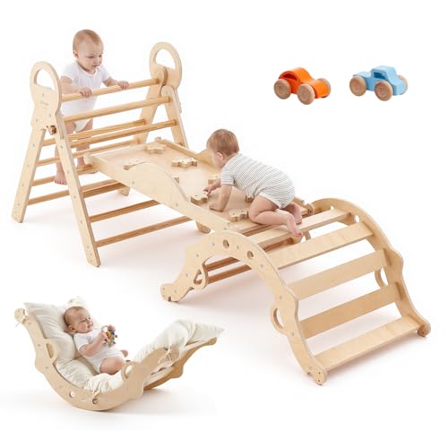 VEVOR Pikler Triangle Set, 9-in-1 Toddler Climbing Toys Indoor, with 2 Wooden Cars, Cushion, Triangle, Arch, and Ramp, 150 lbs Load, Foldable Montessori Climbing Set for Toddlers and Kids, Wood Color - color: Natural Wood