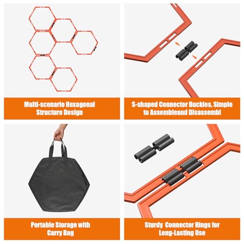 6 PCS Hex Agility Rings, Speed Rings for Agility Footwork Training | Premium Hexagon Rings, with Carry Bag, Portable Agility Hurdles Ladder