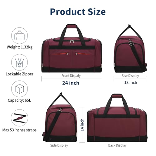 24 inch Large Gym Bag for Men - 65L Hard Bottom Duffle Bag with Shoes Compartment for Sport/Travel - Wine Red - color: Wine Red