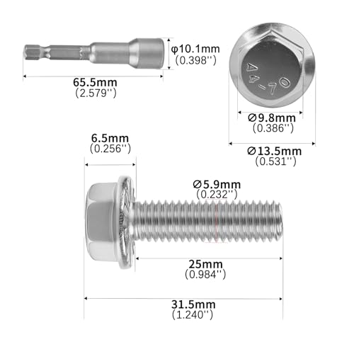M6x25mm Serrated Flanged Hex Head Screws Bolts 25pcs HS/JXLS-10 | 304 Stainless Steel, External Hex Machine Screws, Equipped with Hex Sleeve, for Construction, for Automotive, for Industrial - size: M6x25mm