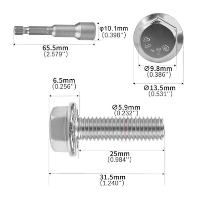 M6x25mm Serrated Flanged Hex Head Screws Bolts 25pcs HS/JXLS-10 | 304 Stainless Steel, External Hex Machine Screws, Equipped with Hex Sleeve, for Construction, for Automotive, for Industrial - size: M6x25mm