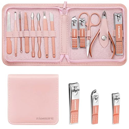 FAMILIFE Manicure Set, Professional Nail Kit Stainless Steel Nail Clipper Set, 13PCS Beauty Tools Manicure Kit Pedicure Tools, with Portable Pink Leather Travel Case for Her - color: Pink