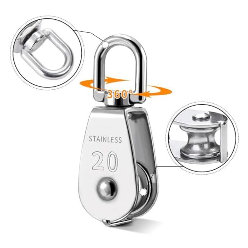 TooTaci Pulley System Set, M20 Crane Pulleys for Lifting with Rope | 304 Stainless Steel Block and Tackle Pulley System, with Nylon Line Rope & Snap Hook, Oblong Eye Pad Plate, Cleat Hooks - color: 20M/4mm Black Nylon Line Rope, size: M20 Pulley Block Set