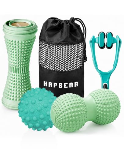 HAPBEAR Massage Ball Set (4 Piece) – Foot Roller, Peanut Ball, Spiky Release Balls, Finger Massager – Deep Tissue & Myofascial Release Kit for Muscle Soreness & Tension – Hot & Cold, with Storage Bag