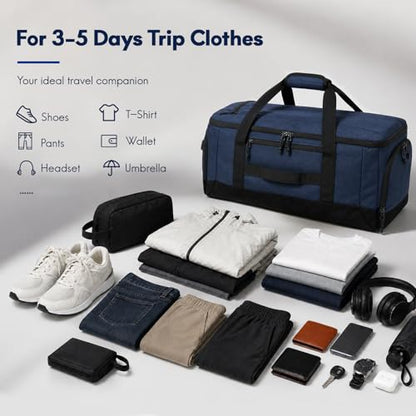 Haimont 60L Foldable Travel Duffel Backpack, Navy Blue | Shoe Compartment, Stowable Straps, U-Shaped Opening, Water-Resistant Build - color: Navy Blue
