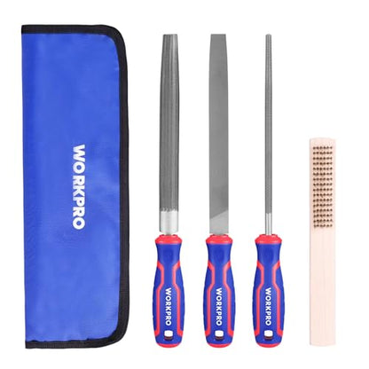 WORKPRO 8-Inch Metal File Set, 3-Piece Flat Half Round Round Files | Carbon Steel Files with Wire Brush & Storage Pouch for Woodworking, Metalworking, Shaping and Smoothing - size: 3-Piece Metal File Set