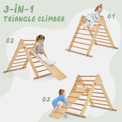 OLAKIDS Pikler Triangle Set 3 in 1 Climbing Toys for Toddlers Foldable Wood Montessori Baby Jungle Gym with Ramp Ladder Slide Kids Indoor Playground Activity Play Structure - color: Burlywood