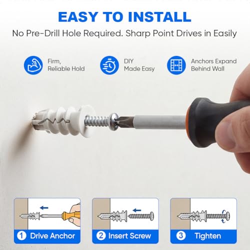 50PCS Self Drilling Drywall Anchors and Screws Kit, No Pre-Drill Required, Plastic Wall Anchors for Drywall with #8 x 1-1/4" Screw, Holds Up to 75 lbs, Sheetrock Anchors for Picture Hanging