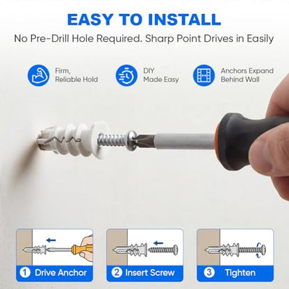 50PCS Self Drilling Drywall Anchors and Screws Kit, No Pre-Drill Required, Plastic Wall Anchors for Drywall with #8 x 1-1/4" Screw, Holds Up to 75 lbs, Sheetrock Anchors for Picture Hanging