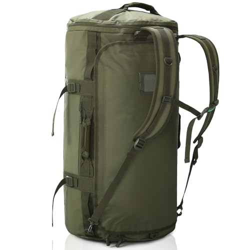 Haimont Heavy Duty Convertible Travel Duffel Backpack, Army Green, 90L | Shoe Compartment, Water-Resistant Tarpaulin, Wide U-Shaped Opening - color: Green, size: 90L
