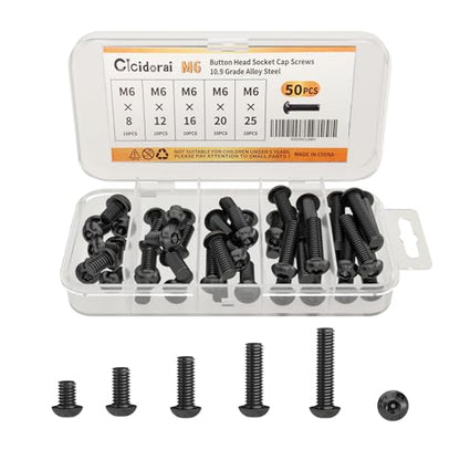 M6 x 8mm 12mm 16mm 20mm 25mm Button Head Socket Cap Screws Bolts, 10.9 Grade Alloy Steel, Metric Allen Hex Drive, Black Oxide Finish, Fully Threaded, Assortment Kit 50Pcs - size: Button Head M6x8, 12, 16, 20, 25mm(50pcs)