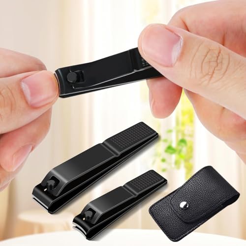 2-Pack Black Stainless Steel Nail Clippers Set, Large & Small Fingernail Clippers with Leather Case for Precision Manicure, Travel & Home Use