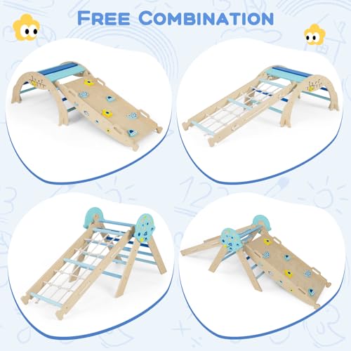 HONEY JOY Pikler Triangle Set, 9 in 1 Foldable Wooden Triangle Climber w/Arch, Ramp, Climbing Rope & Ladder, Baby Indoor Playground Jungle Gym, Montessori Climbing Toy for Toddlers (Blue) - color: Blue