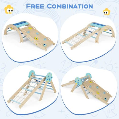 HONEY JOY Pikler Triangle Set, 9 in 1 Foldable Wooden Triangle Climber w/Arch, Ramp, Climbing Rope & Ladder, Baby Indoor Playground Jungle Gym, Montessori Climbing Toy for Toddlers (Blue) - color: Blue