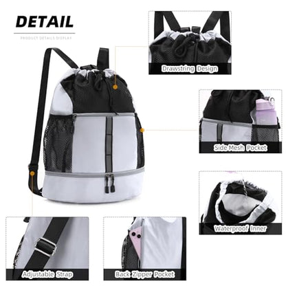 Valleycomfy Drawstring Gym Bag Sports Backpack With Shoe Compartment White | Reflective Strips Top Handle - color: White