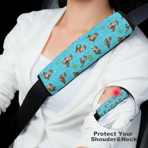 2 Pack Universal Soft and Comfortable Car Seat Straps Shoulder Pads for Kids, All Vehicles, Cute Otter Family in Water Light Blue Neck Strap Covers, Neck and Shoulder Support - color: Pattern 887