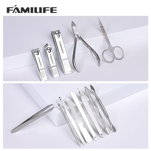 FAMILIFE Manicure Set, Nail Professional Kit Manicure Kits Nail Clipper Sets, 13PCS Stainless Steel Pedicure Sets Mens Grooming Tool, with Brown Leather Travel Case for Men - color: Bright Silver