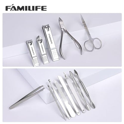 FAMILIFE Manicure Set, Nail Professional Kit Manicure Kits Nail Clipper Sets, 13PCS Stainless Steel Pedicure Sets Mens Grooming Tool, with Brown Leather Travel Case for Men - color: Bright Silver