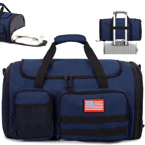 Tactical Duffle Bag for Men,52L Expandable Carry On Duffel Bag for Travel | Adjustable Shoulder Strap Travel Bag with Shoes Compartment Wet Pocket,900D Water-Resistant Weekender Bag for Gym Work Travel - color: Blue