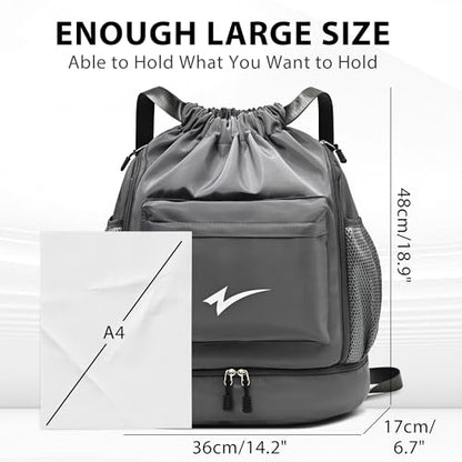 Sport Drawstring Backpack, Gym Bag with Mesh Side Pockets and Separate Shoe Compartment, Water-Resistant (Grey) - color: Grey
