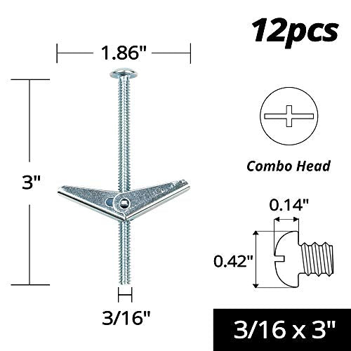 HASWARE Toggle Bolt Zinc Plated Steel and Wing Nut for Hanging Heavy Items on Drywall 3/16x3 (12 Pack) - size: 3/16x3" (12 Pack)