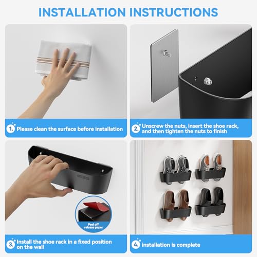 Wall Mounted Shoes Rack 3Pack with Sticky Hanging Strips, Plastic Shoes Holder Storage Organizer,Door Shoe Hangers (Black) - color: Black