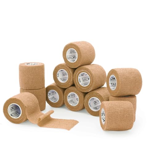 OK TAPE Self Adherent Cohesive Bandages Wrap 12Packs 2" x 5 Yards | Non-Woven Self Adhesive Athletic Sports Wrap Tape Vet Wrap Bandages Tape for Thumb Finger Wrist Ankle (Beige) - color: Beige/Tan, size: 2 In x 5 Yards