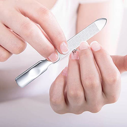 3 Pcs Stainless Steel Nail Files Kit with Leather Case, Double Sided Metal Nail Files with Anti-Slip Handle for Women and Men, Metal File Buffer Manicure Pedicure Tools for Fingernail Toenail(Pink) - color: Pink