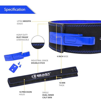 Beast Power Gear Weight Lifting Belt Lever Buckle 10MM 13MM Thick & 4 Inches Free Strap Weightlifting, Powerlifting, Deadlifts, Squats Men Women - color: Black/Blue, size: Medium