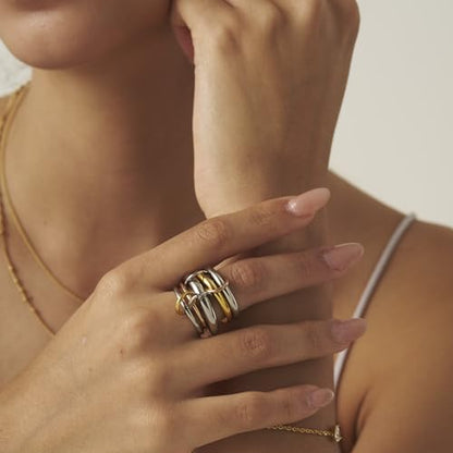 Shapes Studio Trio Linked Ring, stackable Ring, Minimalism style for women, Never Tarnish - size: 6, style: Five Band ( Three Silver, One Gold, One Rose Gold)