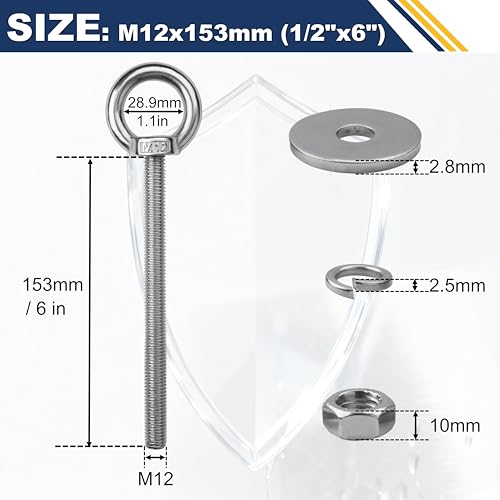4 Pack M12 Stainless Steel Eye Bolts with Nuts, 1/2" x 6" Eye Bolts | 304 Stainless Steel Eye Bolt,Eye Bolts Heavy Duty for Hang Tie Down Outdoor,1/2 eye bolts with nuts,m12 eye bolts - size: M12x153mm (1/2"x6")