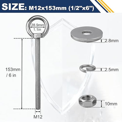 4 Pack M12 Stainless Steel Eye Bolts with Nuts, 1/2" x 6" Eye Bolts | 304 Stainless Steel Eye Bolt,Eye Bolts Heavy Duty for Hang Tie Down Outdoor,1/2 eye bolts with nuts,m12 eye bolts - size: M12x153mm (1/2"x6")