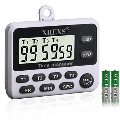 XREXS 4 Channel Digital Kitchen Timer Clock with Large LCD Display | 4 Groups Simultaneous Timing Countdown Up Pocket Timer, Magnetic Attachable (Battery Included)