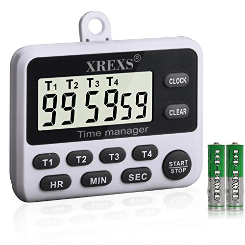 XREXS 4 Channel Digital Kitchen Timer Clock with Large LCD Display | 4 Groups Simultaneous Timing Countdown Up Pocket Timer, Magnetic Attachable (Battery Included)