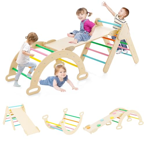 Honey Joy 5 in 1 Wooden Climbing Toys for Toddlers, Triangle Climber with Ramp for Sliding or Climbing, Indoor Beech Montessori Triangle Climbing Arch Set for Daycare, Gym & Playground, Colorful - style: 5 In 1 Colorful