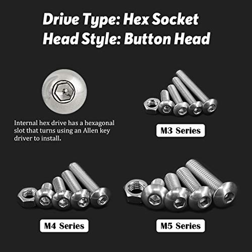 Hilitchi 510pcs M3 M4 M5 Stainless Steel Button Head Hex Socket Head Cap Bolts Screws Nuts Assortment Kit - 304 Stainless Steel (Button Head) - style: Button Head