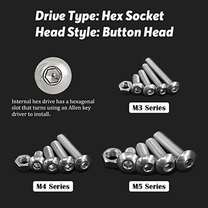 Hilitchi 510pcs M3 M4 M5 Stainless Steel Button Head Hex Socket Head Cap Bolts Screws Nuts Assortment Kit - 304 Stainless Steel (Button Head) - style: Button Head