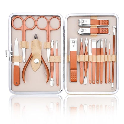 Professional Nail Care Kit - 18-Piece Manicure Set with Stainless Steel Ingrown Nail Toenail Cuticle Cutter Clipper Pedicure Kit,Grooming Kits with Portable Travel Case.(Rose Gold) - color: Rose Gold