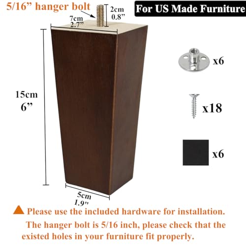 6 inch Sofa Legs Wood Furniture Legs Pack of 4 Pyramid Couch Legs Mid-Century Modern Brown Replacement Legs for Chair Recliner - size: 6 inch (4pcs) Standard (With hanger bolt)