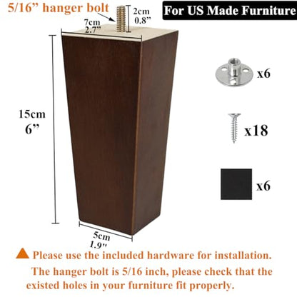 6 inch Sofa Legs Wood Furniture Legs Pack of 4 Pyramid Couch Legs Mid-Century Modern Brown Replacement Legs for Chair Recliner - size: 6 inch (4pcs) Standard (With hanger bolt)
