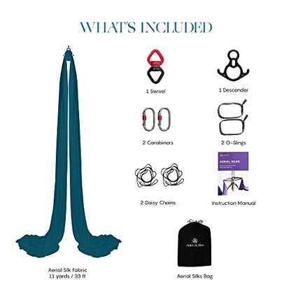 Aerial Silks Yoga Hammock Kit, 11 Yards, Hardware and Swivel | Knitted fabric with swivel and guide, portable carry bag included, for aerial yoga, gymnastics and home gym practice - color: Teal