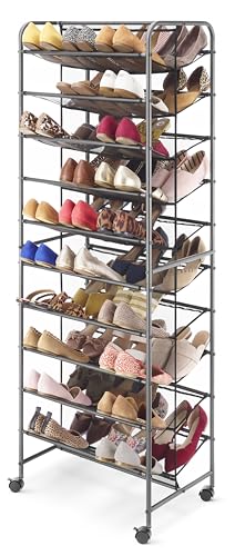 Whitmor 10 Tier Double-Sided Shoe Cart with Lockable Wheels, Gunmetal Rolling Shoe Organizer with Patented Mesh Back, Freestanding Storage for Garage, Bedroom, or Closet, 17" W×24.6" L×63.78" H - size: 10-Tier,Gunmetal