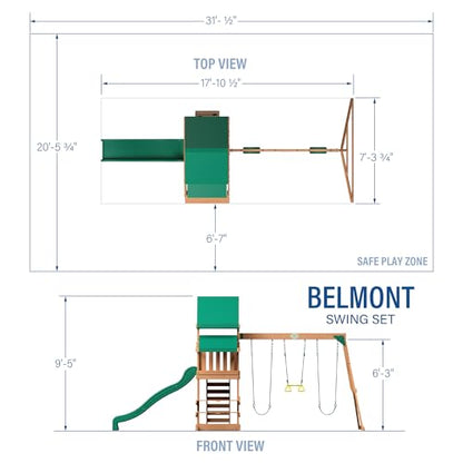Backyard Discovery Belmont Cedar Wood Swing Set with Wave Slide, Play Deck, Rock Wall Ladder, Snack Bar Window, Shaded Picnic Area, Bench, Belt Swings, Trapeze, Sandbox Area, Canopy, Outdoor Playset - color: Green