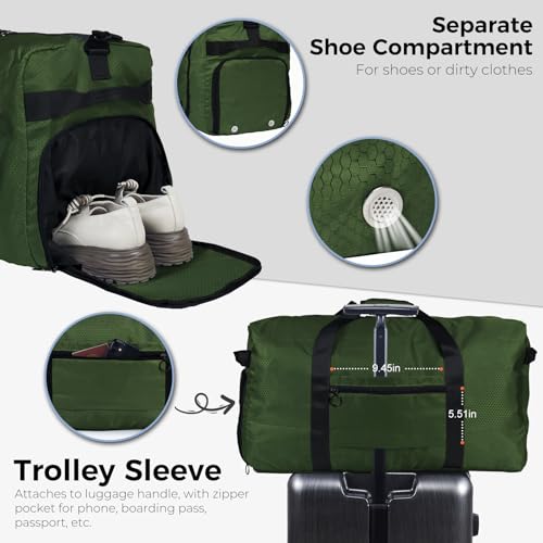 Fmeida 65L Duffle Bag with Shoes Compartment, Foldable Travel Duffel Bags for Men Women, Large Packable Travel Bag Water Repellent & Tear Resistant (Green) - color: Glossy Green