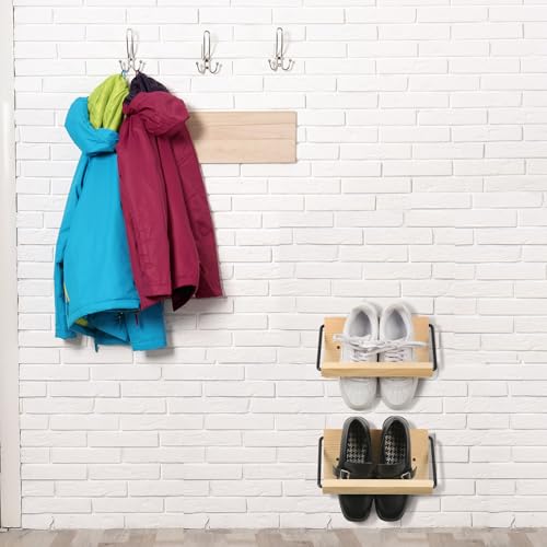Mifoci 2 Pcs Wall Mounted Shoe Rack Organizer Wooden Modern Compact Wall Space Saving Shoe Holder Storage for Sneaker Footwear Slipper Boots Entryway Narrow Spaces Hallway(9.84'' Long) - size: 9.84'' Long