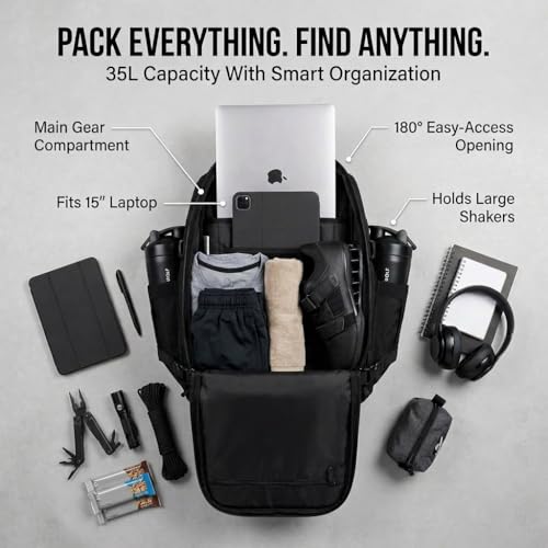 WOLFpak 35L Athletic Gym Backpack - Durable 1000D Waterproof Oxford Material with MOLLE Webbing, Laptop Pocket - color: Alpha Black
