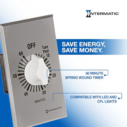 Intermatic SW60MK 60-Minute Spring Wound Timer - Energy-Saving Control for LED/CFL Lights - Versatile Usage for Fans, Motors, Heaters - No-Electricity Operation, Easy Installation