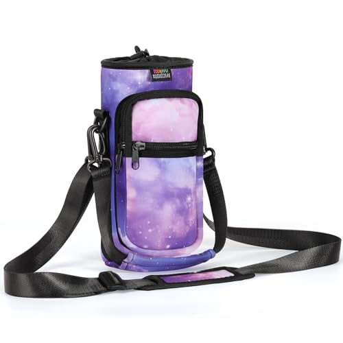 Nuovoware Water Bottle Carrier Bag,25oz/32oz,Pouch Holder,StarrySky Purple | Adjustable Shoulder Hand Strap, 2 Pocket, Sling Neoprene Sleeve, Sports Water Bottle Accessories, for Hiking Travelling - color: Starrysky Purple, size: 25-32 Ounces - Standard