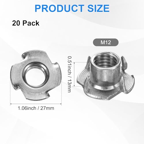 M METERXITY 20-Pack M12x13mm T-nut, 4-Pronged Tee Nut Threaded Insert | Stainless Steel, for Wood, Rock Climbing Holds, Furniture, Corrosion Resistant Fasteners - size: M12x13mm