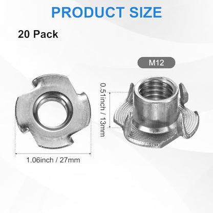 M METERXITY 20-Pack M12x13mm T-nut, 4-Pronged Tee Nut Threaded Insert | Stainless Steel, for Wood, Rock Climbing Holds, Furniture, Corrosion Resistant Fasteners - size: M12x13mm